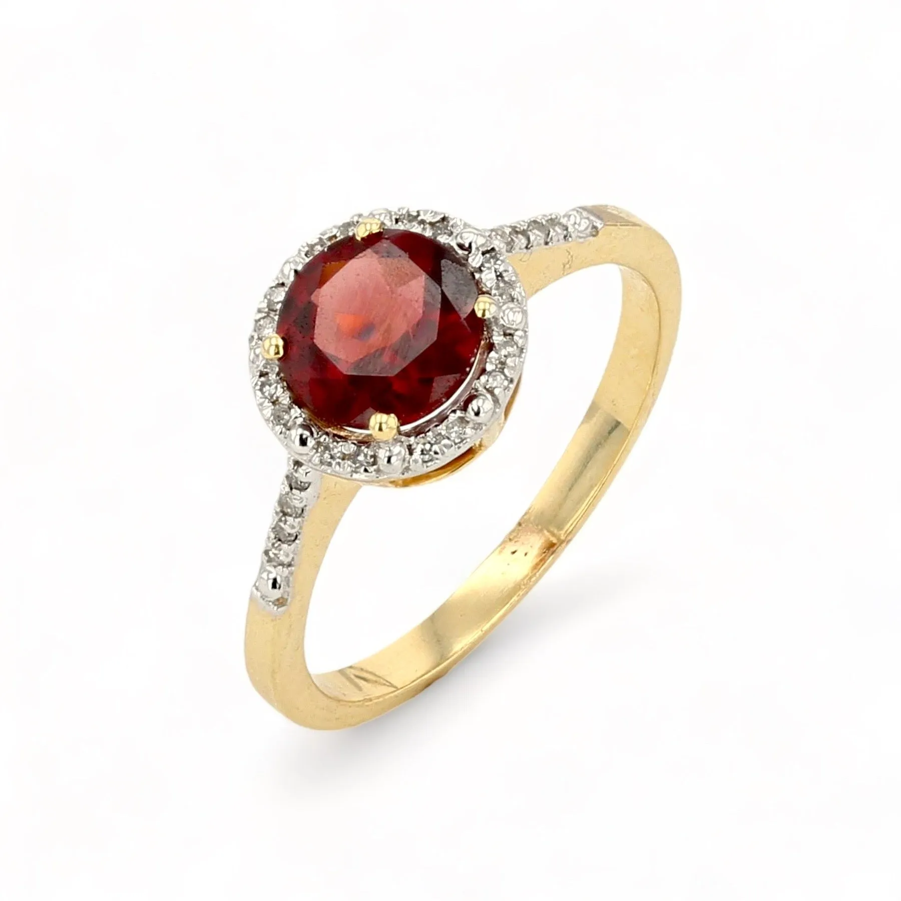 10K yellow gold halo solitary garnet and diamonds ring-25427