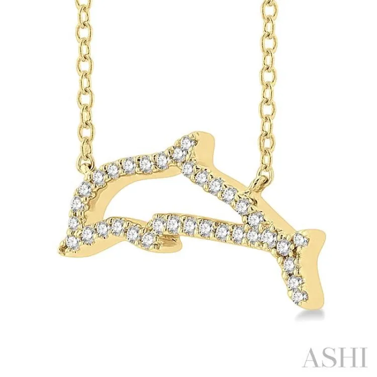 1/10 ctw Sealife Petite Dolphin Round Cut Diamond Fashion Pendant With Chain in 10K Yellow Gold