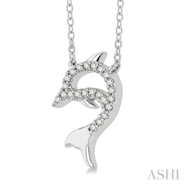 1/20 ctw Petite Sealife Dolphin Round Cut Diamond Fashion Pendant With Chain in 10K White Gold