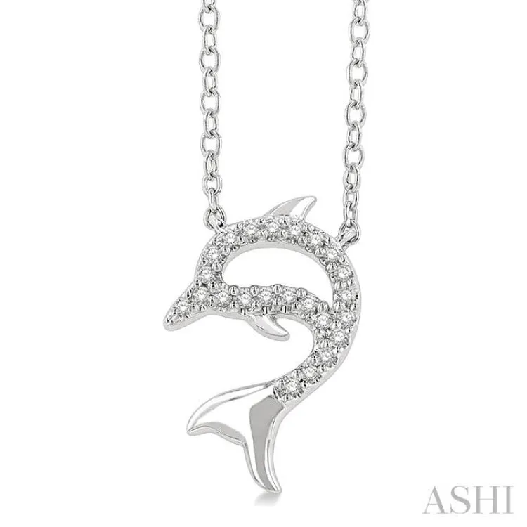 1/20 ctw Petite Sealife Dolphin Round Cut Diamond Fashion Pendant With Chain in 10K White Gold