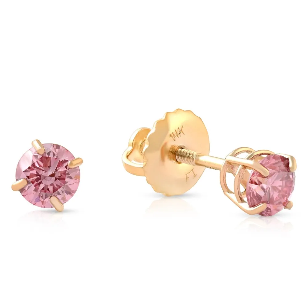 1/2Ct Pink Lab Grown Diamond Screw Back Studs Earrings 14K Yellow Gold