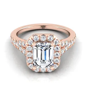 14K Rose Gold Emerald Cut Diamond Simple Prong Halo with Petite Split Shank Pave Engagement Ring -1/2ctw