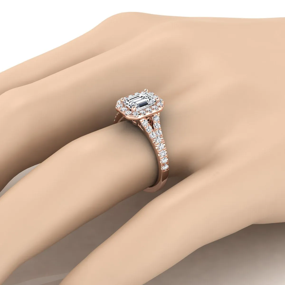 14K Rose Gold Emerald Cut Diamond Simple Prong Halo with Petite Split Shank Pave Engagement Ring -1/2ctw