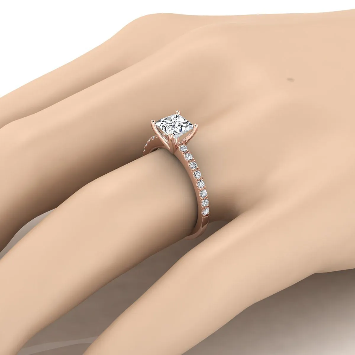 14K Rose Gold Princess Cut Simple Linear Diamond Pave Engagement Ring -1/5ctw