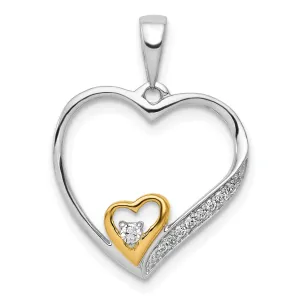 14k Two Tone Gold Open Back Polished Finish 0.062-CT Diamond Double Heart in Heart Fancy Design Charm Pendant