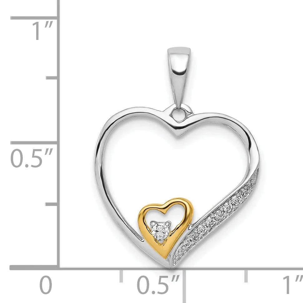 14k Two Tone Gold Open Back Polished Finish 0.062-CT Diamond Double Heart in Heart Fancy Design Charm Pendant