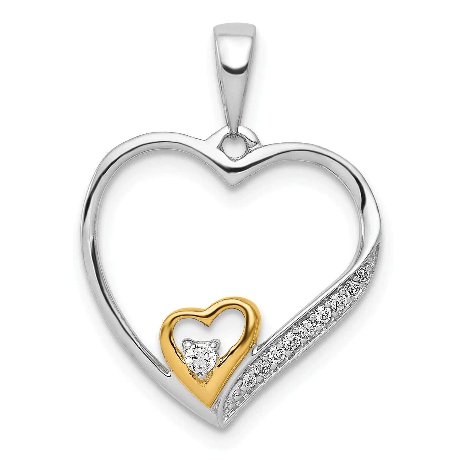 14k Two Tone Gold Open Back Polished Finish 0.062-CT Diamond Double Heart in Heart Fancy Design Charm Pendant