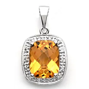 14k White Gold Cushion-Cut Citrine and Diamond Pendant