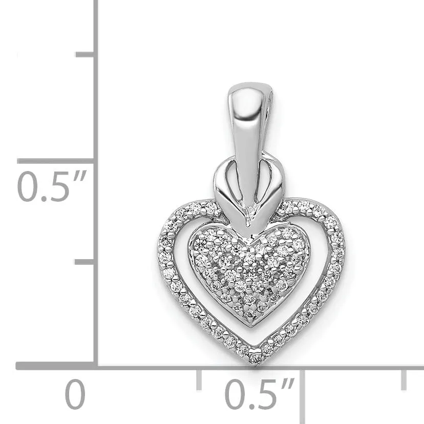 14k White Gold Open Back Polished Finish 0.177-CT Diamond Fancy Double Heart Design Chain Slide Pendant