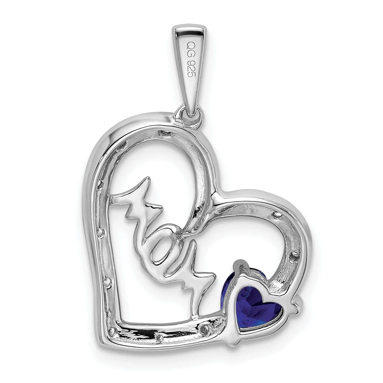 14k White Gold Polished Finish Open Back 0.575-CT Sapphire & 0.05-CT Diamond MOM Stone in Heart Design Charm Pendant