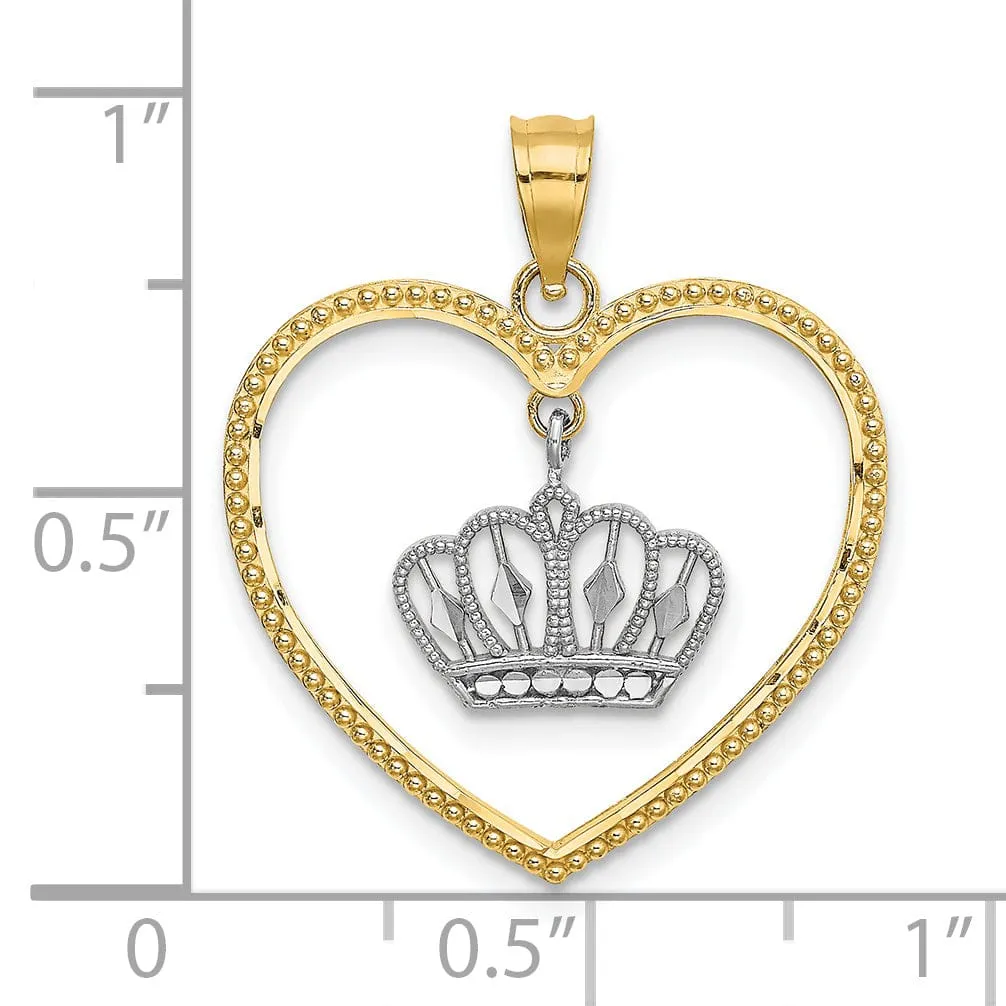 14k Yellow Gold Beaded Heart Design with Dangling Crown Charm Pendant