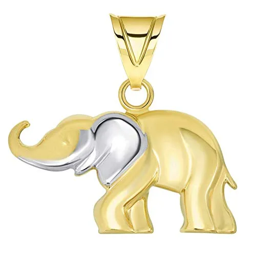 14k Yellow Gold High Polished Two Tone Elephant Pendant Necklace with Cable, Cuban, or Figaro Chain