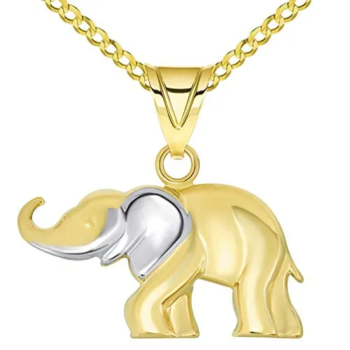 14k Yellow Gold High Polished Two Tone Elephant Pendant Necklace with Cable, Cuban, or Figaro Chain