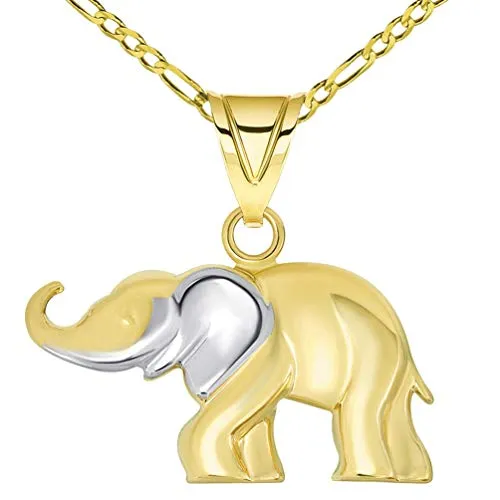 14k Yellow Gold High Polished Two Tone Elephant Pendant Necklace with Cable, Cuban, or Figaro Chain