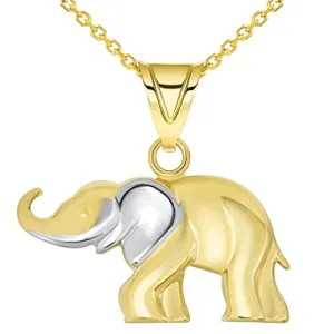 14k Yellow Gold High Polished Two Tone Elephant Pendant Necklace with Cable, Cuban, or Figaro Chain