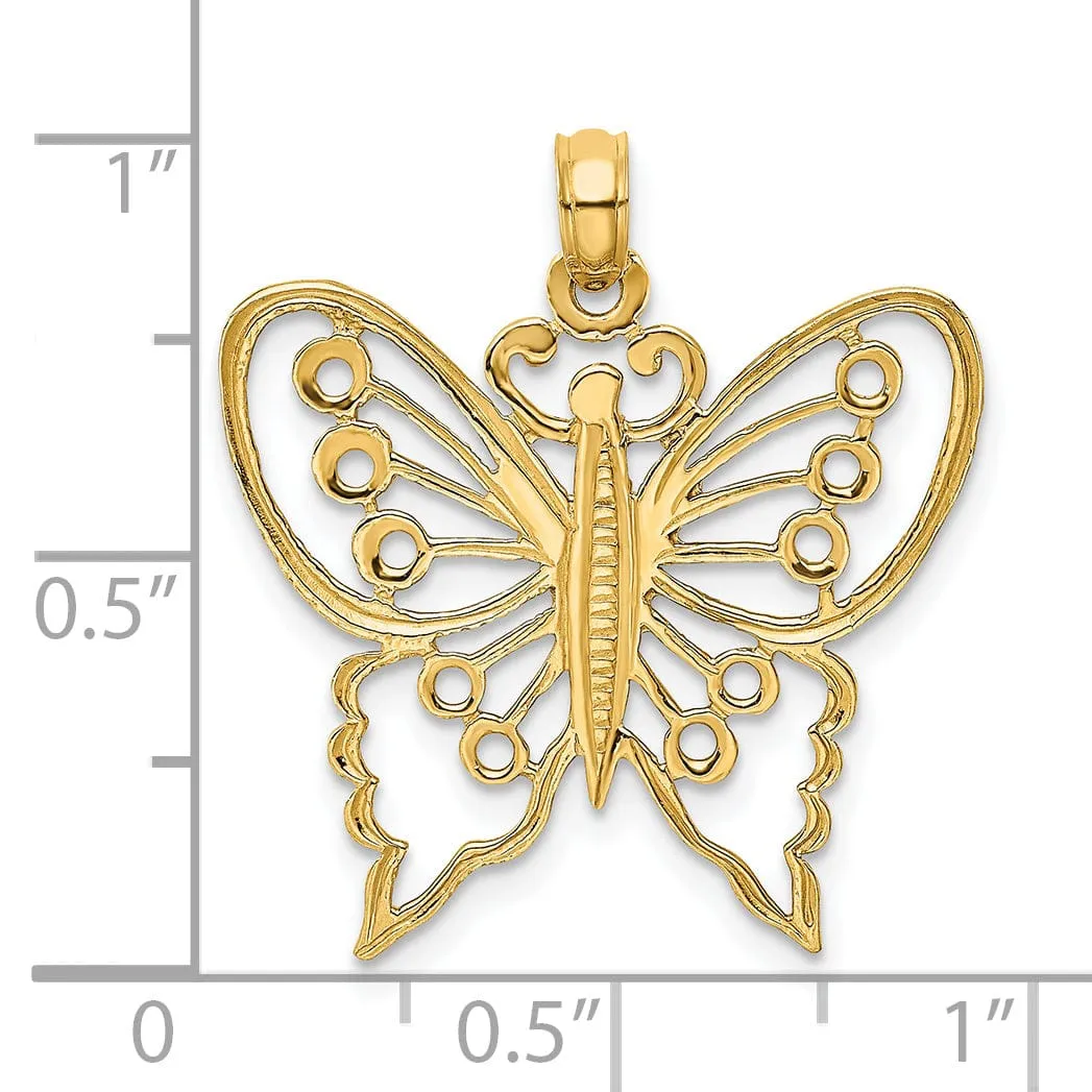 14k Yellow Gold Open Back Textured Solid Polished Finish Cut-Out Butterfly Charm Pendant