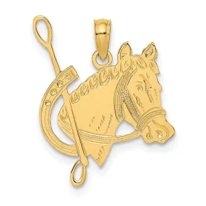 14K Yellow Gold Polished Textured Finish Horse Head with Good Luck Shoe Charm Pendant