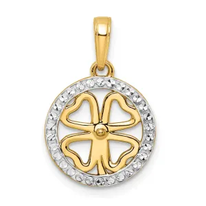 14k Yellow Gold White Rhodium Flat Back Solid Diamond Cut 4-Leaf Clover in Circle Design Charm Pendant