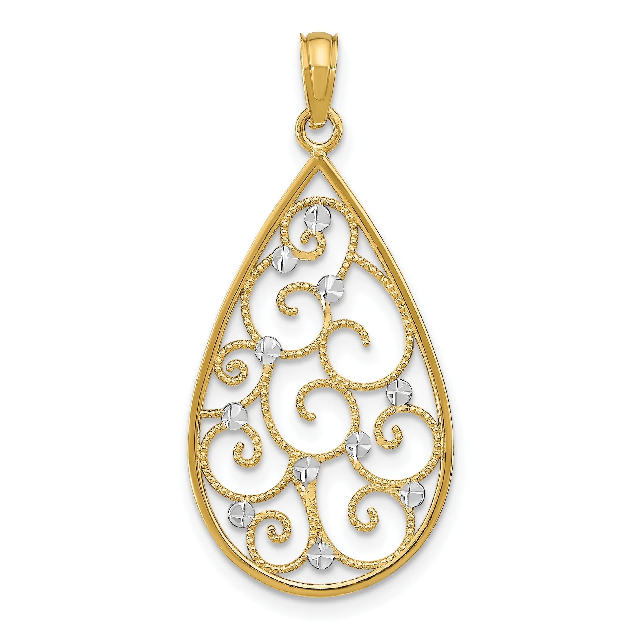 14K Yellow Gold, White Rhodium Polished Diamond Cut Beaded Finish Filigree Teardrop Design Pendant