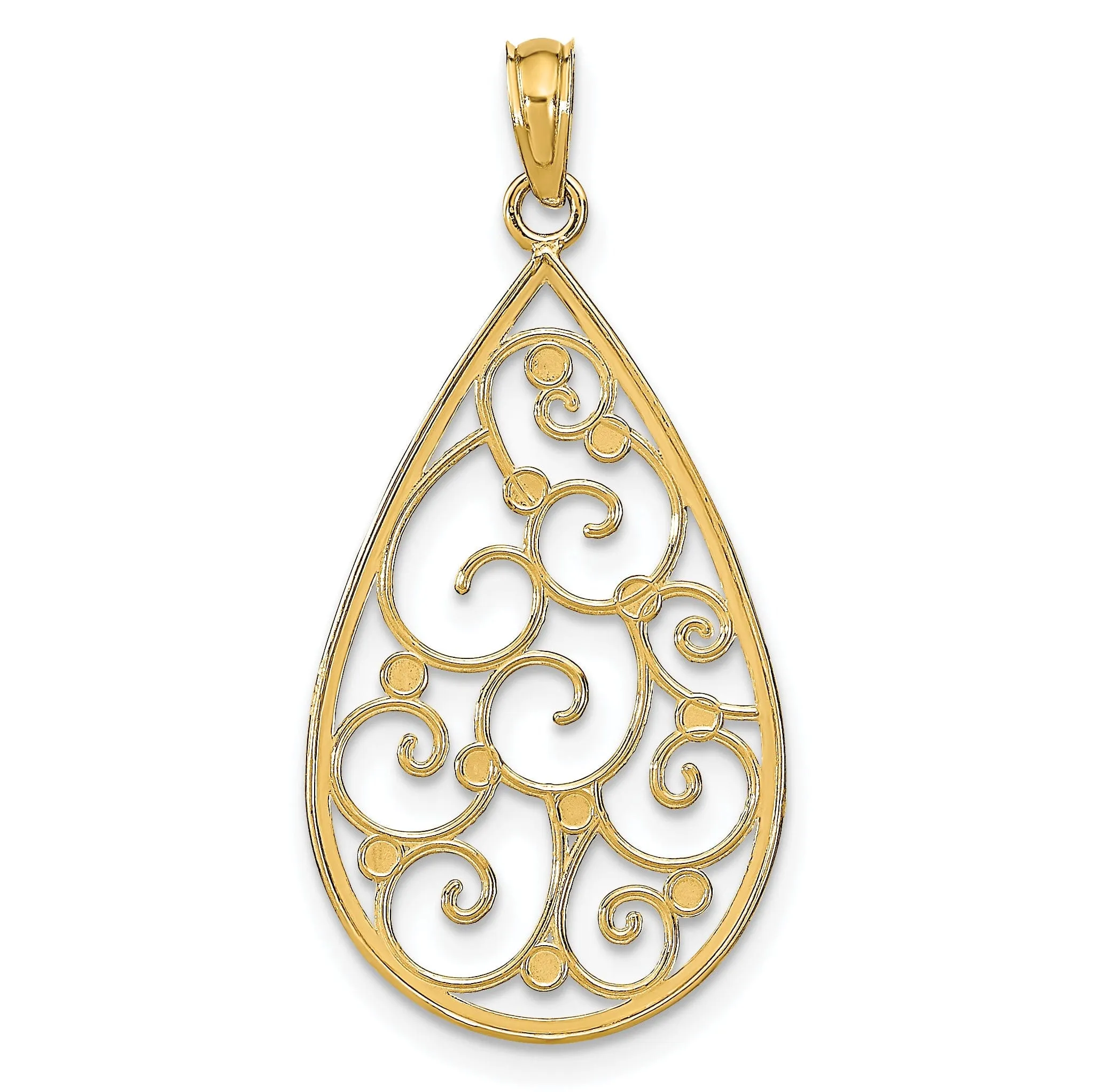 14K Yellow Gold, White Rhodium Polished Diamond Cut Beaded Finish Filigree Teardrop Design Pendant