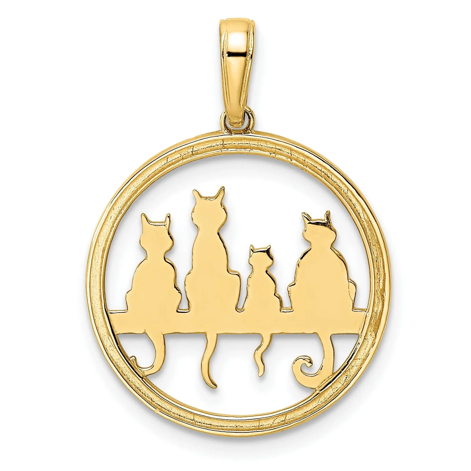 14k Yellow Gold White Rhodium Solid Polished Diamond Cut Finish Cats Sitting on Bench Design Circle Charm Pendant