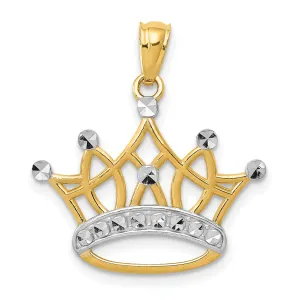 14k Yellow Gold White Rhodium Solid Polished Diamond Cut Finish Mens Kings Crown Design Charm Pendant