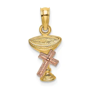 14K Yellow Rose Gold Holy Chalice Communion Cup with Cross Pendant