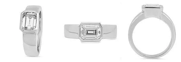 1.5 Emerald Cut High Quality Cubic Zirconia Solitaire Ring in Bezel 14K White Gold