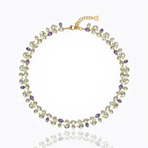 18K Cluster Necklace with Royal Blue Moonstone, aquamarine, tanzanite and diamond