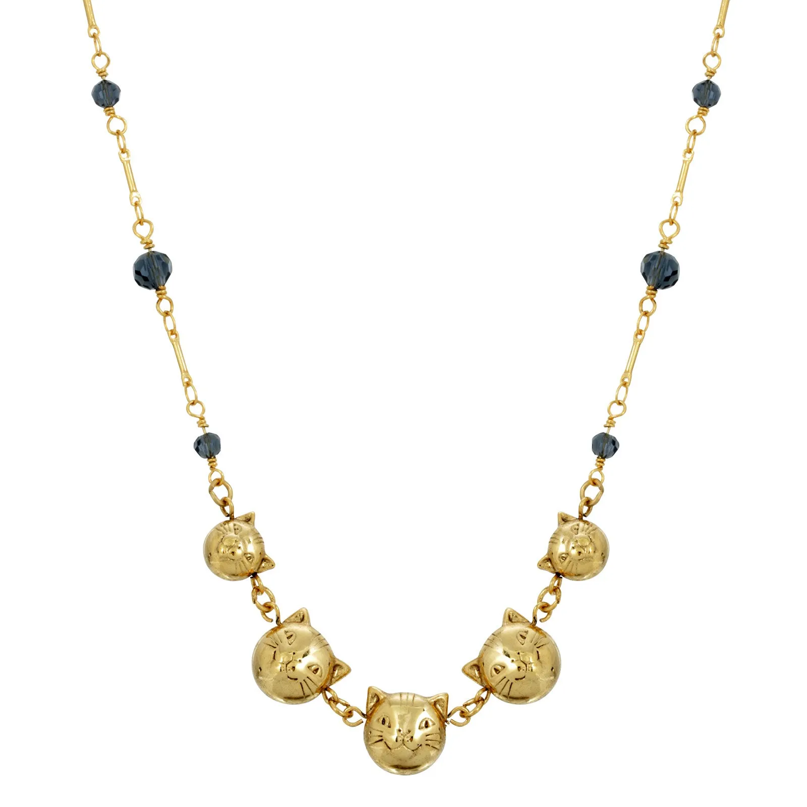 1928 Jewelry&reg; 14K Gold Dipped Cat Faces With Blue Beaded Chain Necklace 16In Adj.