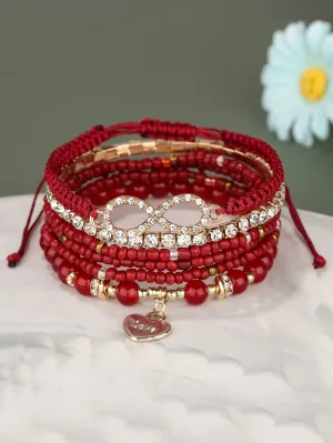 6pcs Infinity Charm Red Burgundy Beaded Bracelet Women Bracelet Stackable