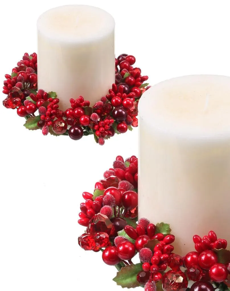 6" Pearl Berry and Jewel Pillar and Votive Holder Candle Ring Set of 2