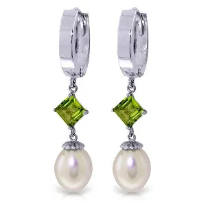 9.5 Carat 14K Solid White Gold Hoop Earrings Natural Pearl Peridot