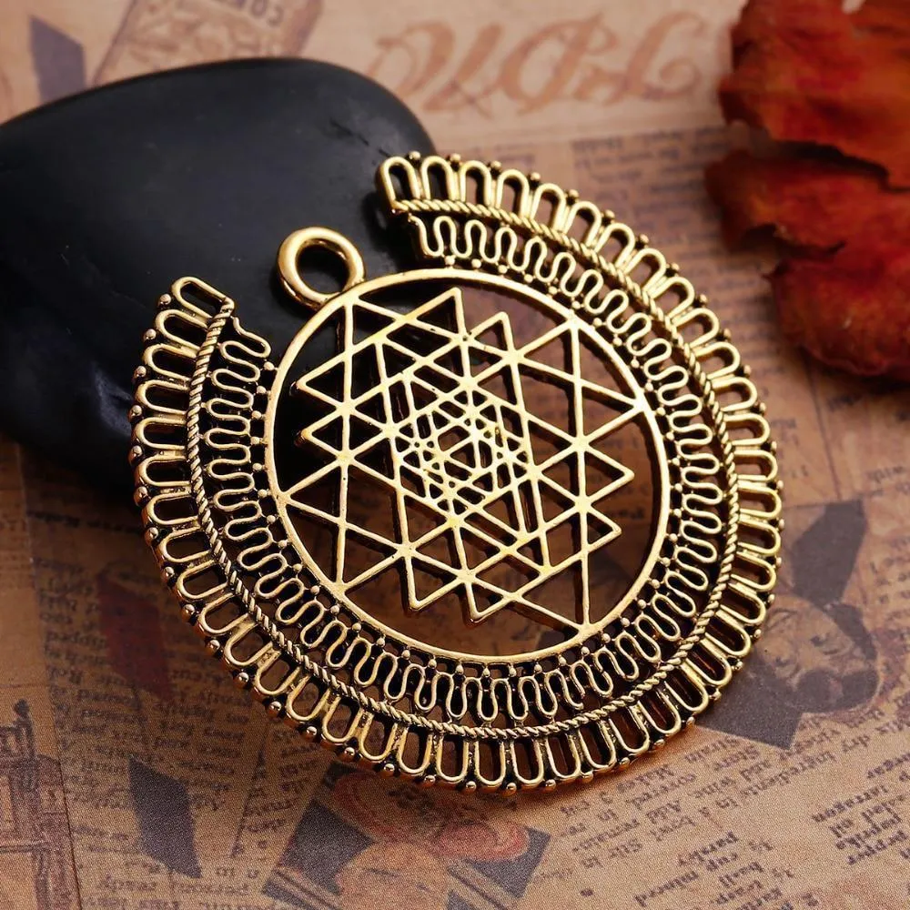 Antique Gold Tone Sri Yantra Meditation Pendants Sacred Geometry Jewelry