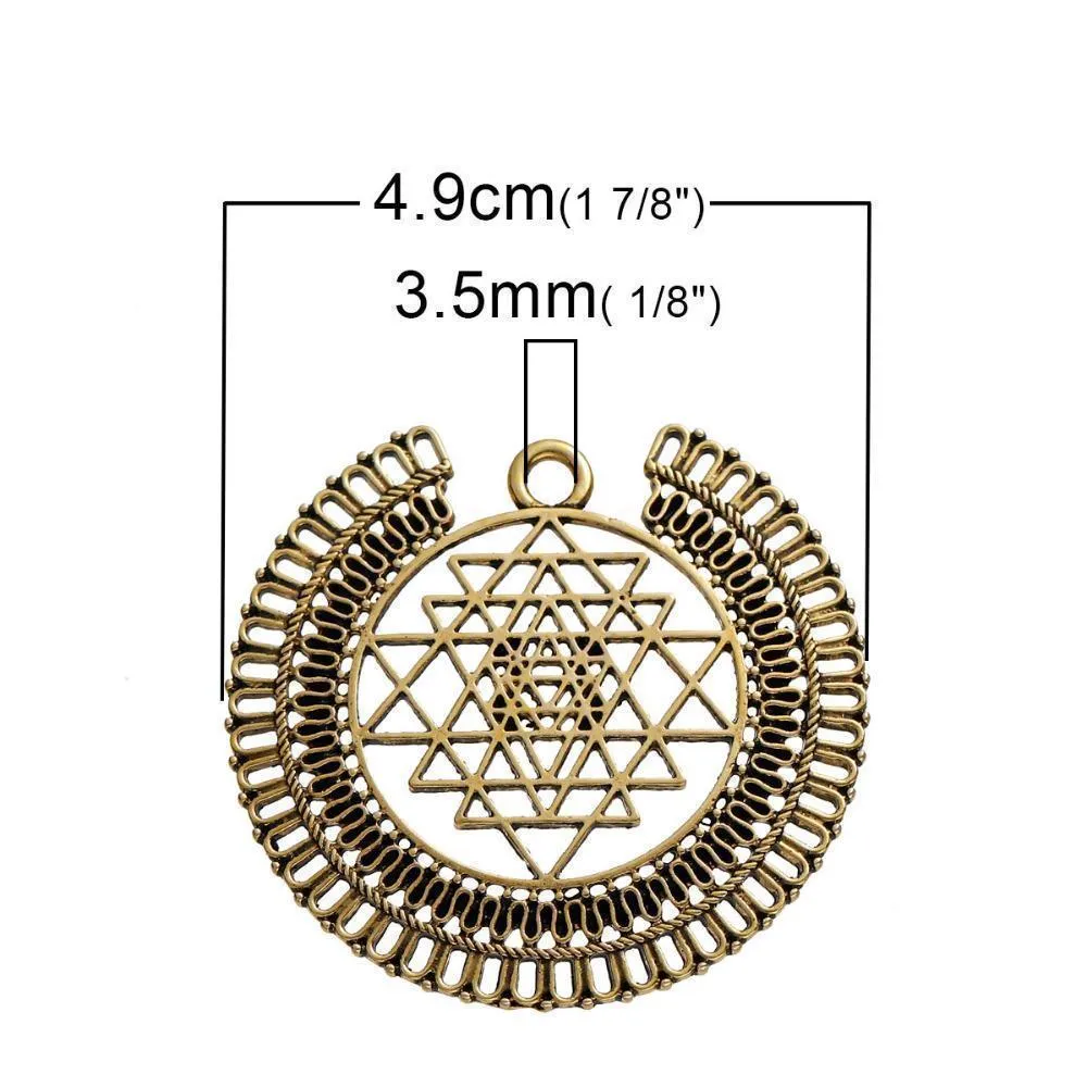 Antique Gold Tone Sri Yantra Meditation Pendants Sacred Geometry Jewelry