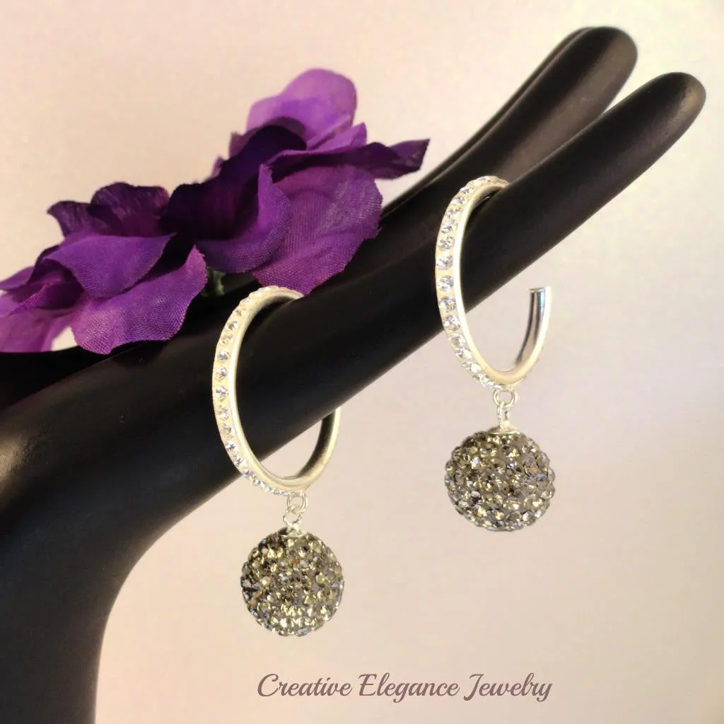 Black Diamond Crystal Ball, Small Hoop Earrings, set in 92.5 Sterling Silver