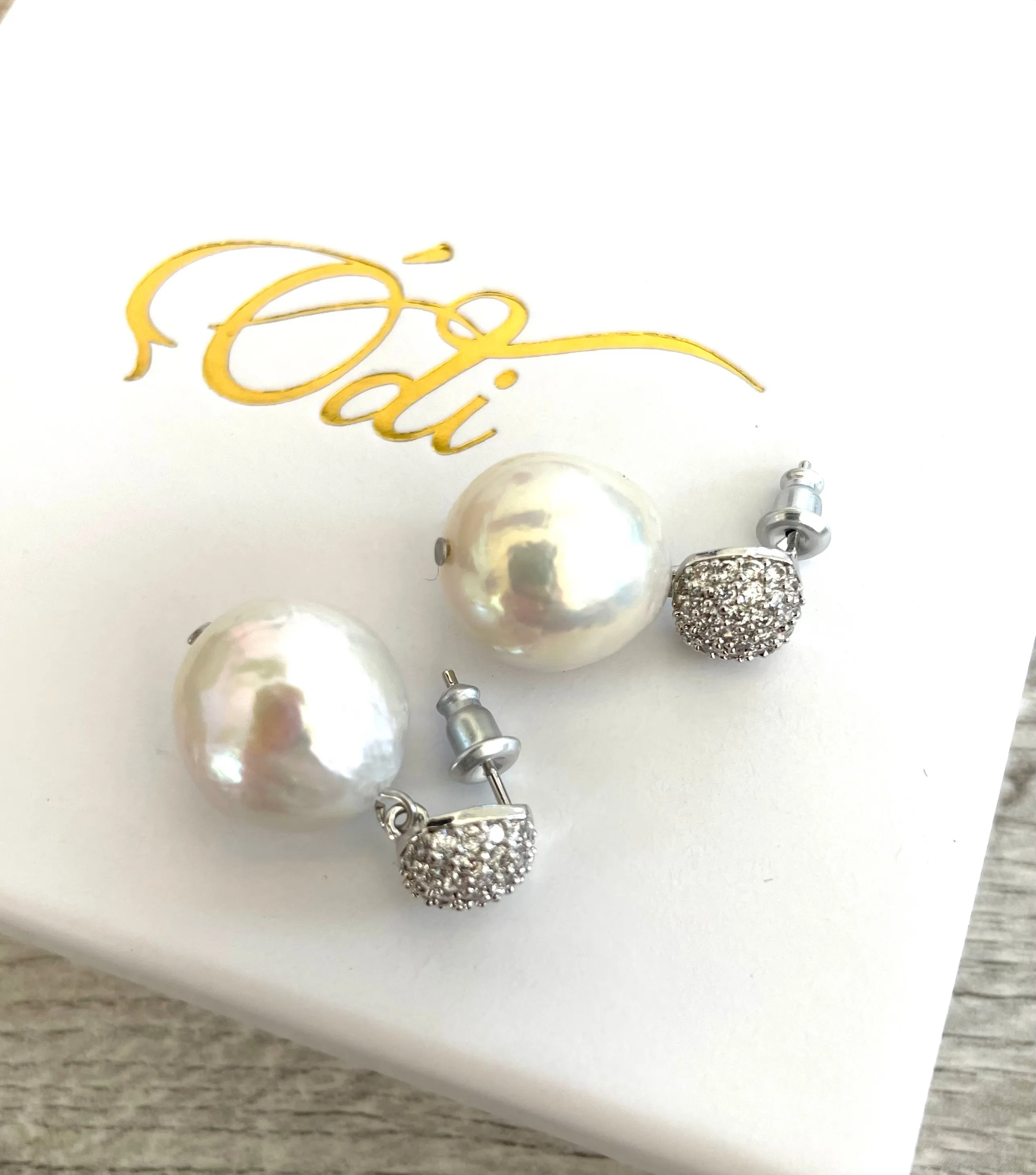 Cubic Zirconia-Fresh Water Pearl-Cushion Earrings #236