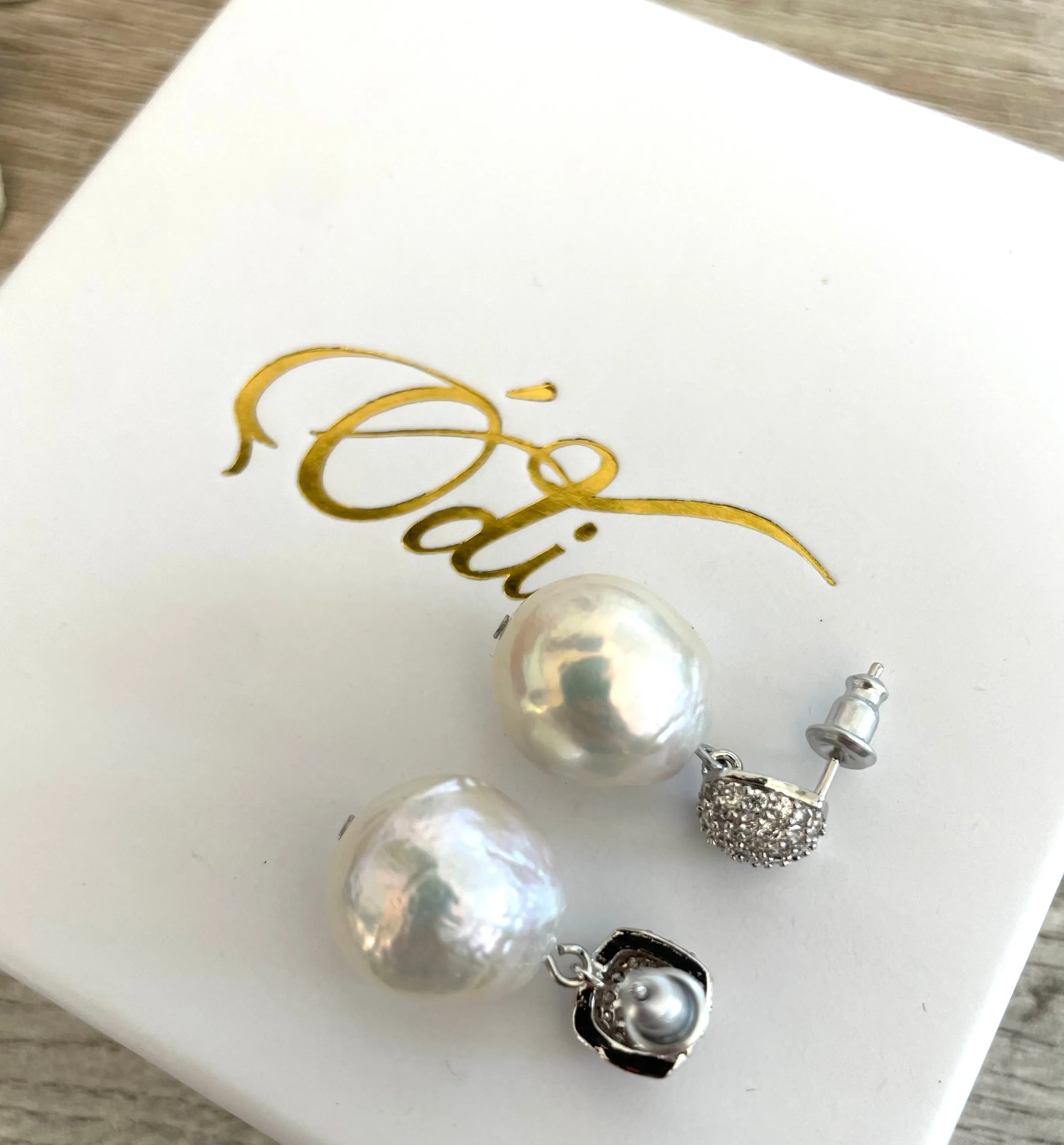 Cubic Zirconia-Fresh Water Pearl-Cushion Earrings #236