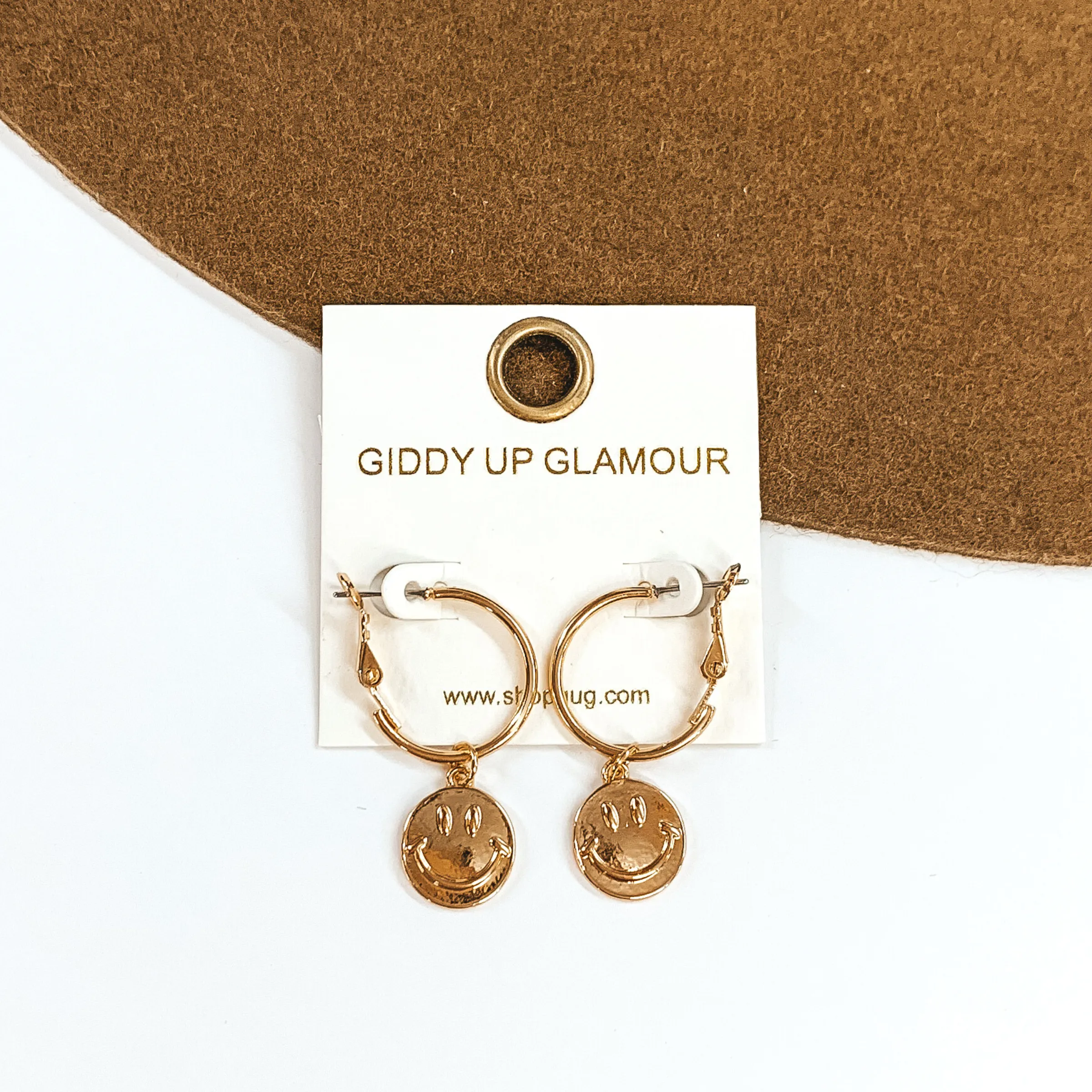 Dainty Gold Hoops with Hanging Happy face Charm