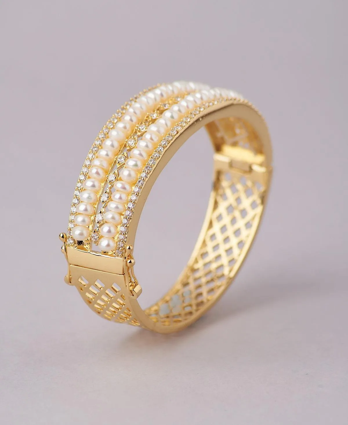 Delightful Stone Studded Real Pearl Bangle