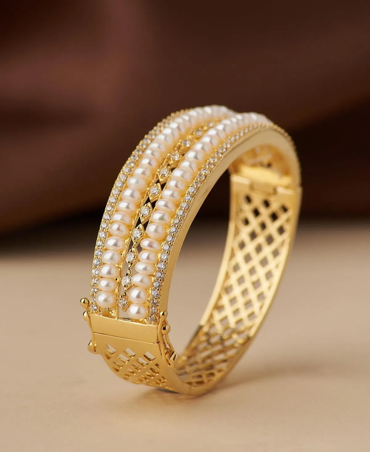 Delightful Stone Studded Real Pearl Bangle