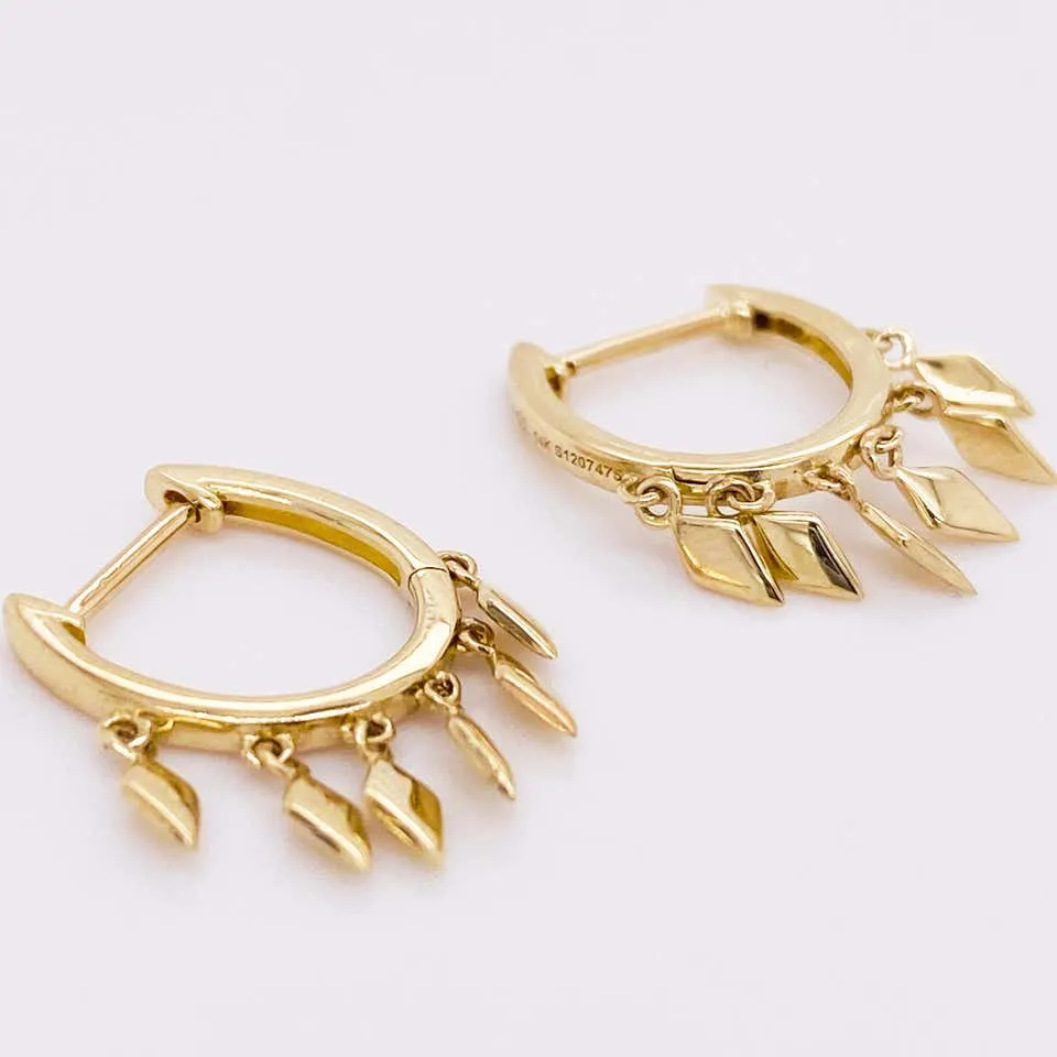 Drop Huggie Earrings, 14 Karat Yellow Gold Hoop Spike Drops, Huggie Earrings