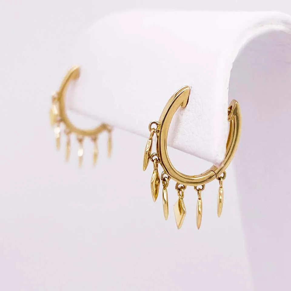 Drop Huggie Earrings, 14 Karat Yellow Gold Hoop Spike Drops, Huggie Earrings