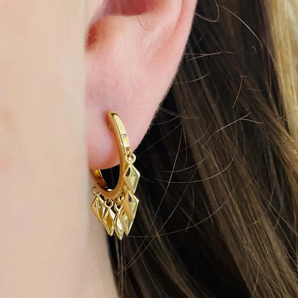 Drop Huggie Earrings, 14 Karat Yellow Gold Hoop Spike Drops, Huggie Earrings