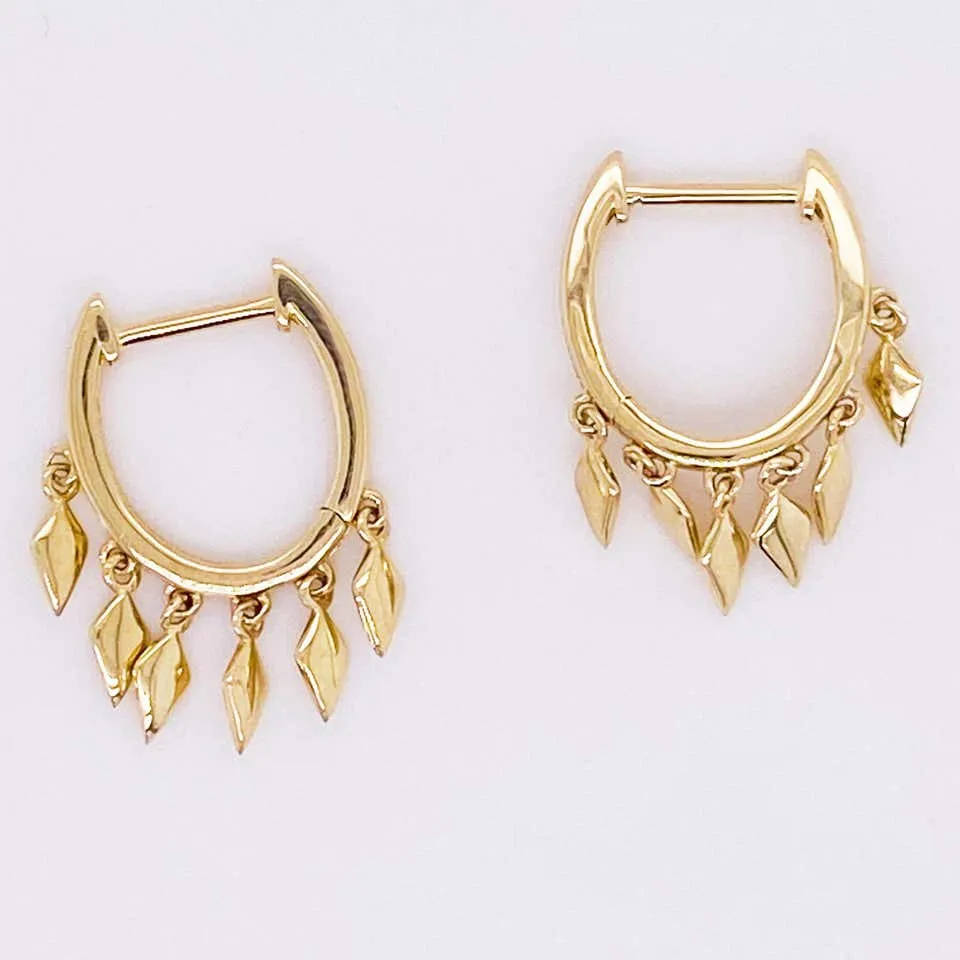 Drop Huggie Earrings, 14 Karat Yellow Gold Hoop Spike Drops, Huggie Earrings