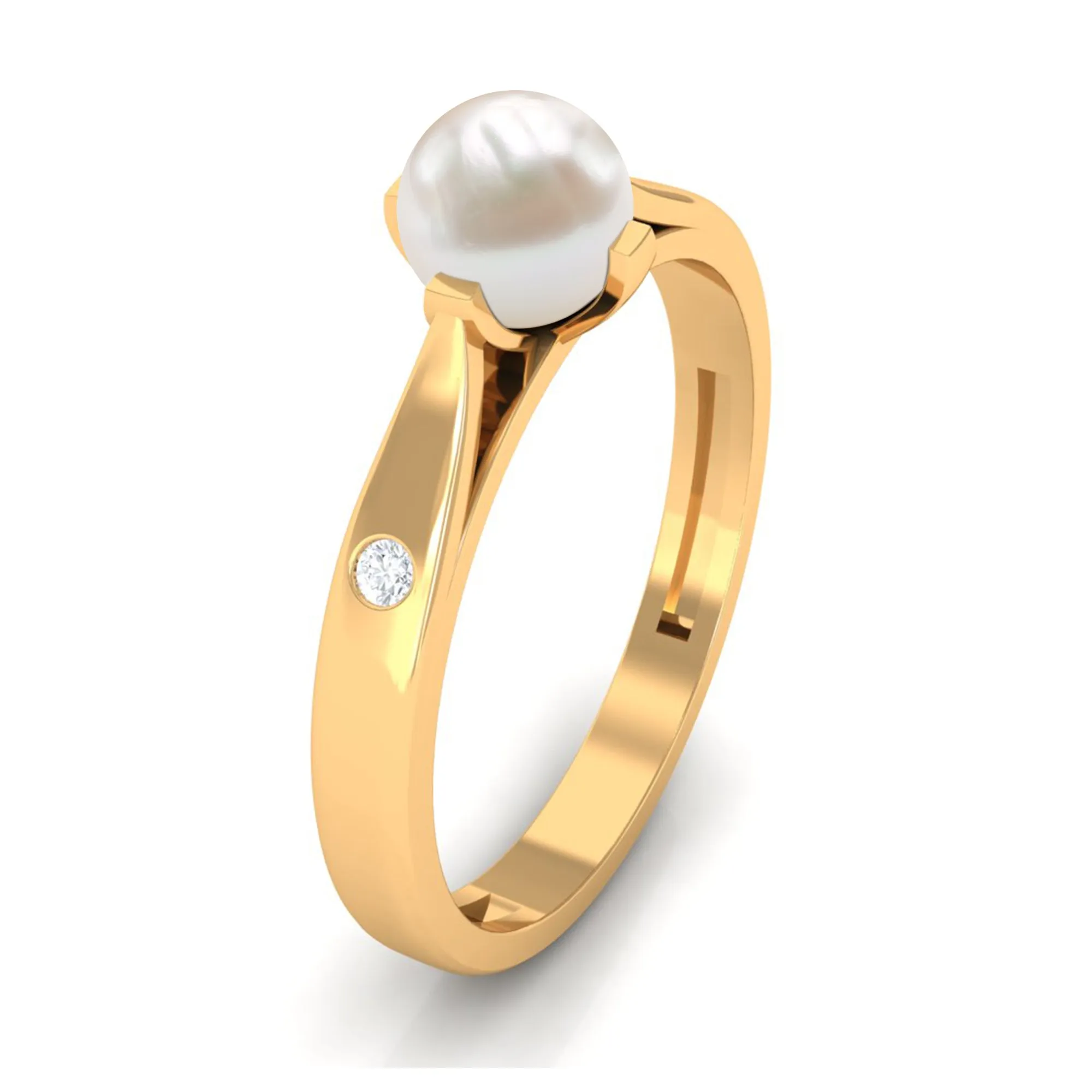 Elegant Bead Set Freshwater Pearl Solitaire Promise Ring with Diamond