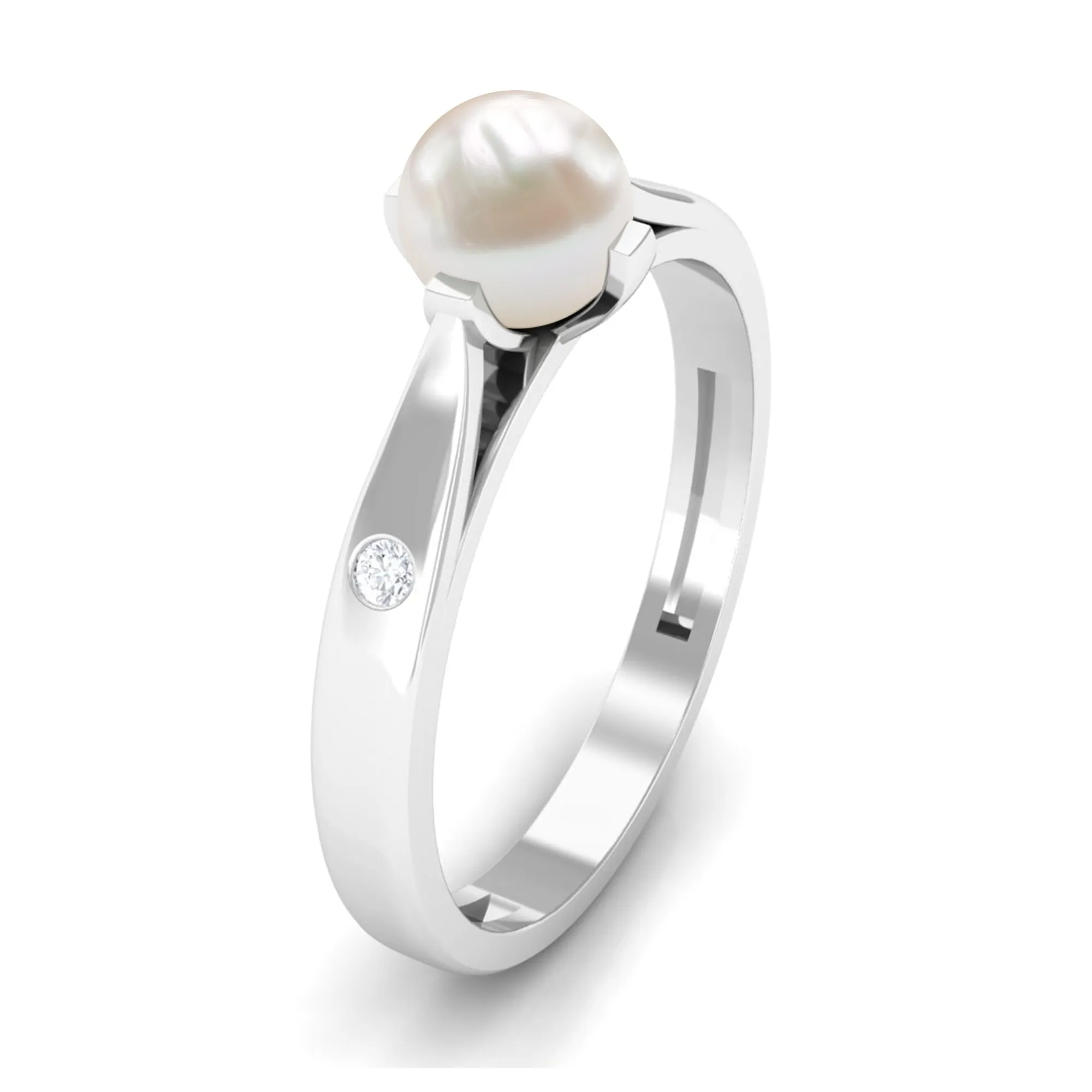 Elegant Bead Set Freshwater Pearl Solitaire Promise Ring with Diamond