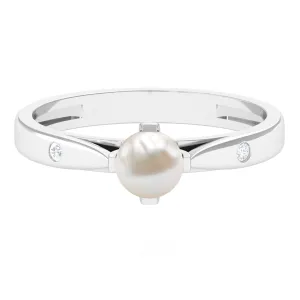 Elegant Bead Set Freshwater Pearl Solitaire Promise Ring with Diamond