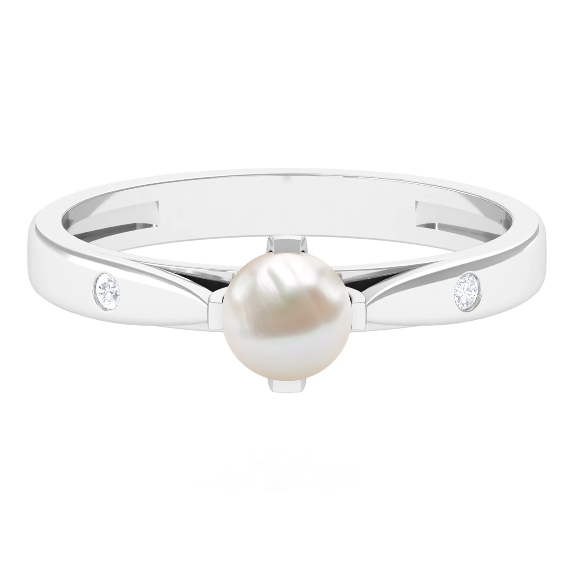 Elegant Bead Set Freshwater Pearl Solitaire Promise Ring with Diamond