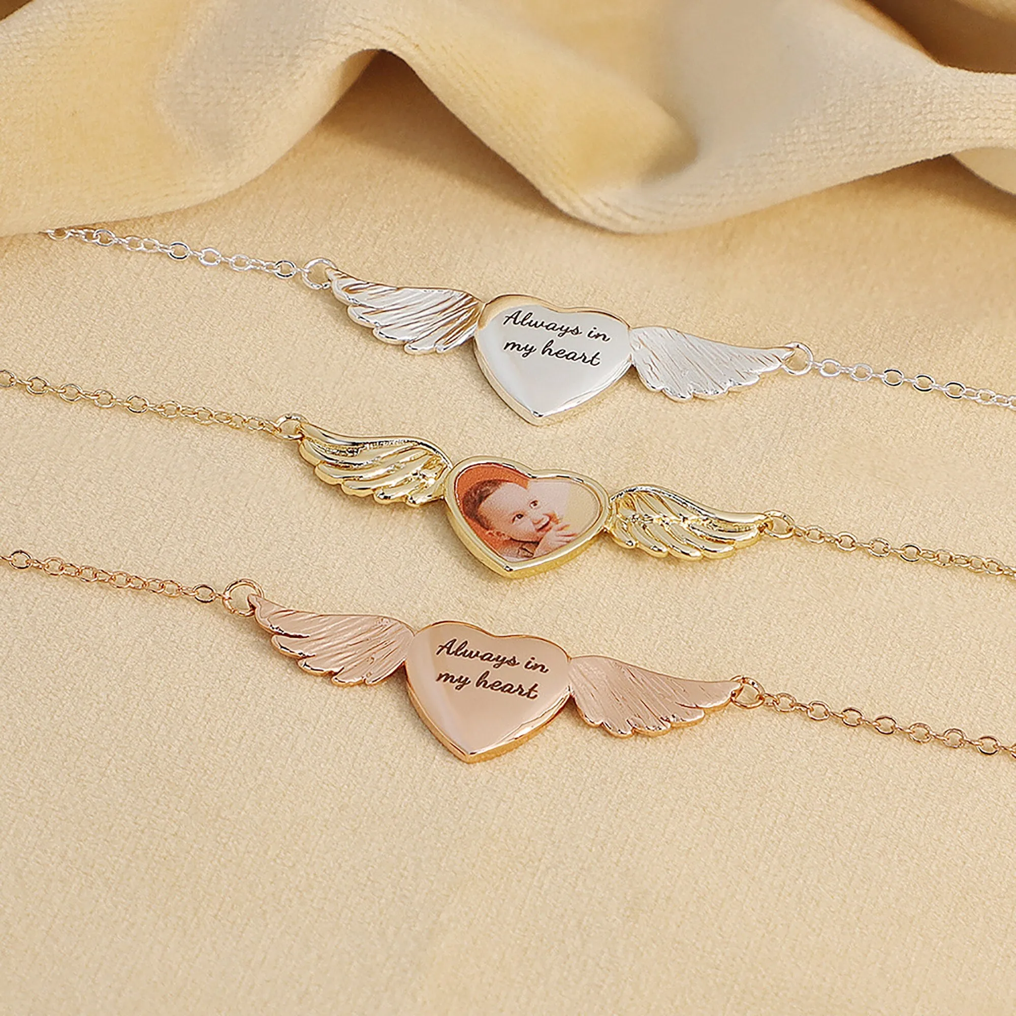 Engraved Text Custom Photo Angel Wing Heart Shaped Jewelry Gifts